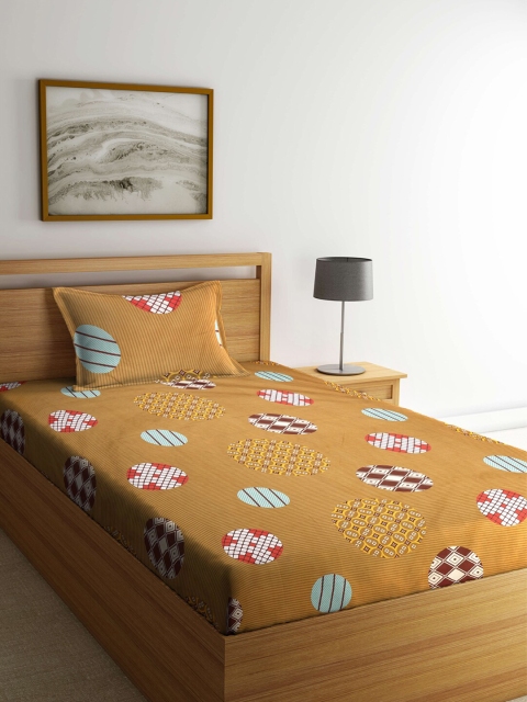 

KLOTTHE Brown & White Geometric 210 TC Single Bedsheet with 1 Pillow Covers