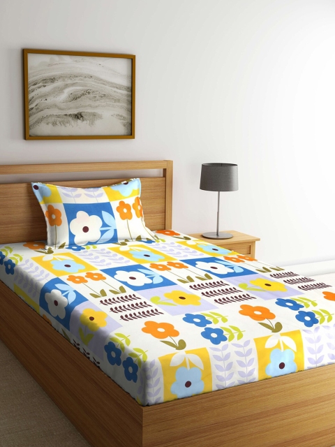 

KLOTTHE White & Blue Floral 210 TC Single Bedsheet with 1 Pillow Covers