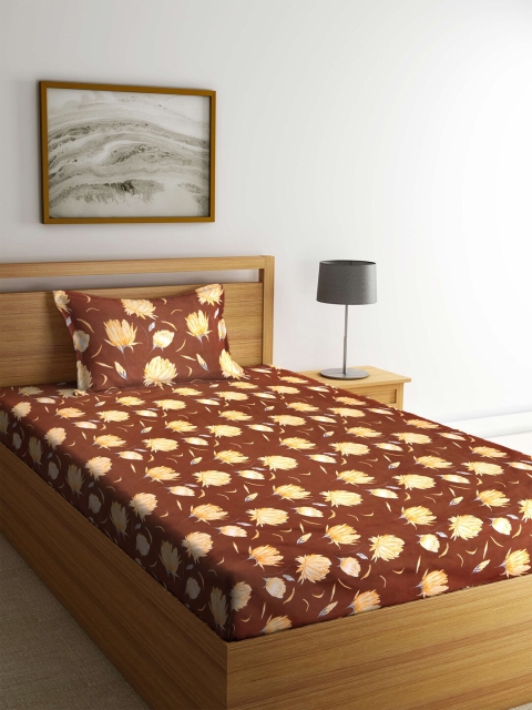 

KLOTTHE Brown & Yellow Floral 210 TC Single Bedsheet with 1 Pillow Covers