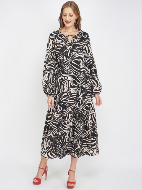 

Oxolloxo Women Black and Beige Tie-Up Neck Satin Abstract Printed A-Line Midi Dress