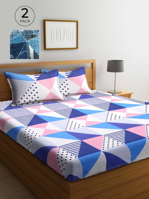 

KLOTTHE Blue & White Geometric 210 TC 2 King Bedsheet with 4 Pillow Covers