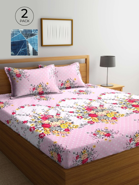 

KLOTTHE Pink & Blue Floral 210 TC 2 King Bedsheet with 4 Pillow Covers