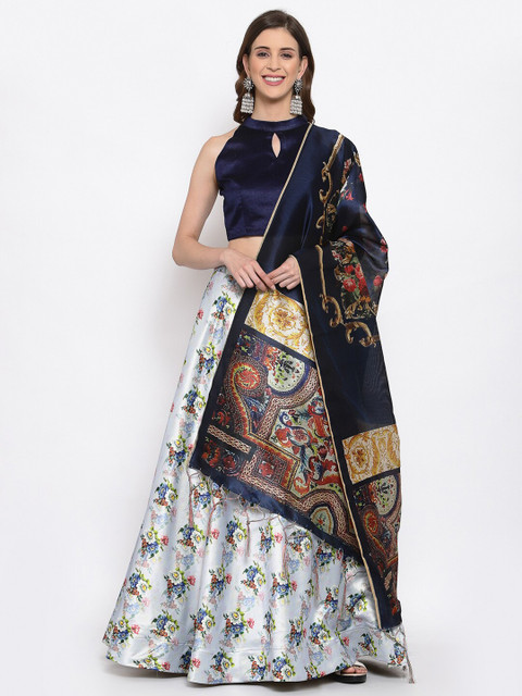 

Satrani Silver-Toned & Navy Blue Lehenga & Unstitched Blouse With Dupatta