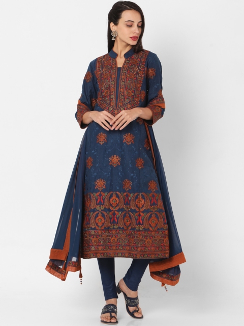 

SALWAR STUDIO Women Blue & Rust Embroidered Kurta with Churidar & Dupatta