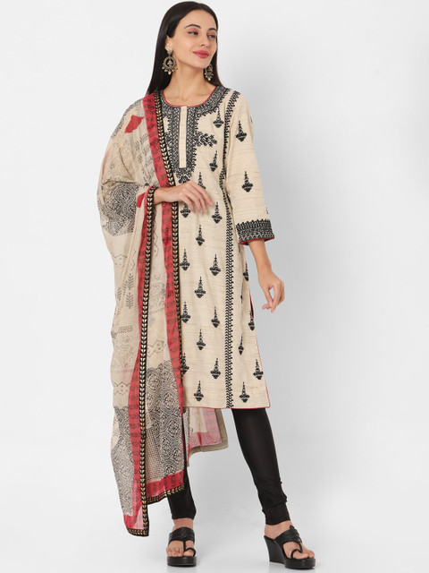

SALWAR STUDIO Women Beige Ethnic Motifs Printed Pleated Kurti With Churidar With Dupatta
