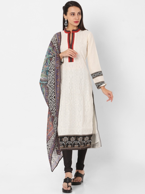 

SALWAR STUDIO Women White Floral Panelled Kurti with Churidar & With Dupatta