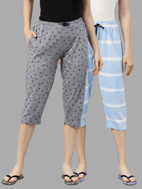 

Kryptic Women Grey & Turquoise Blue Cotton Printed Capris - Pack Of 2