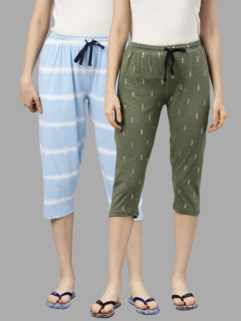 

Kryptic Women Set of 2 Olive & Turquoise Blue Printed Regular Fit Capris