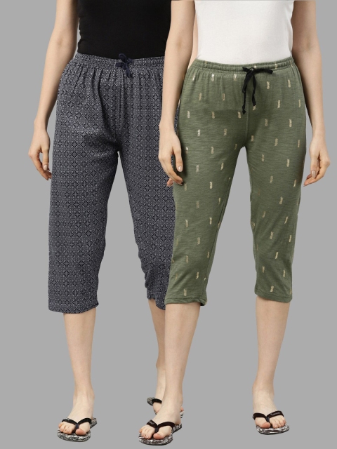 

Kryptic Women Set of 2 Olive Green & Grey Printed Capris