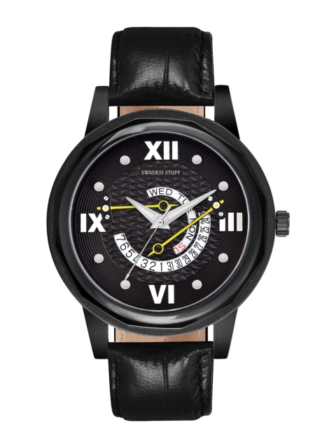 

SWADESI STUFF Men Black Printed Dial & Black Leather Straps Analogue Watch