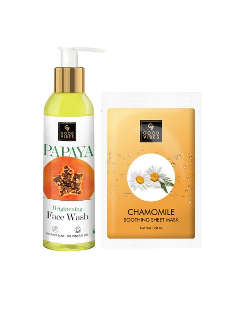 

Good Vibes Papaya Brightening Face Wash & Chamomile Sheet Mask Combo, Transparent