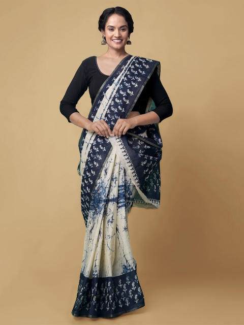 

Unnati Silks Cream-Coloured & Blue Batik Printed Pure Handloom Cotton Dabu Saree