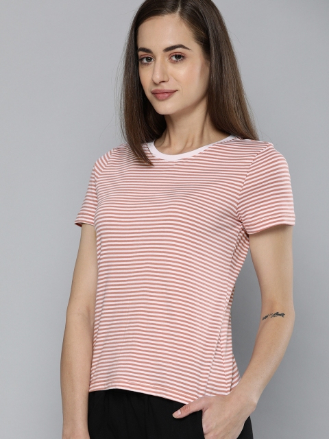 

Harvard Women Pink White Striped Pure Cotton T-shirt
