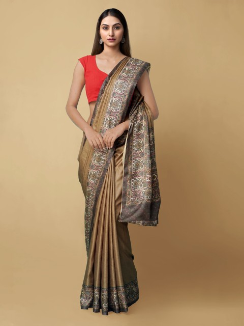 

Unnati Silks Brown & White Ethnic Motifs Art Silk Handloom Kovai Saree