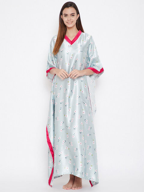 

The Kaftan Company Blue Printed Satin Kaftan Nightdress