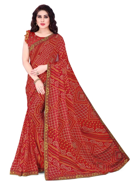 

Mirchi Fashion Red & Gold-Toned Bandhani Printed Saree