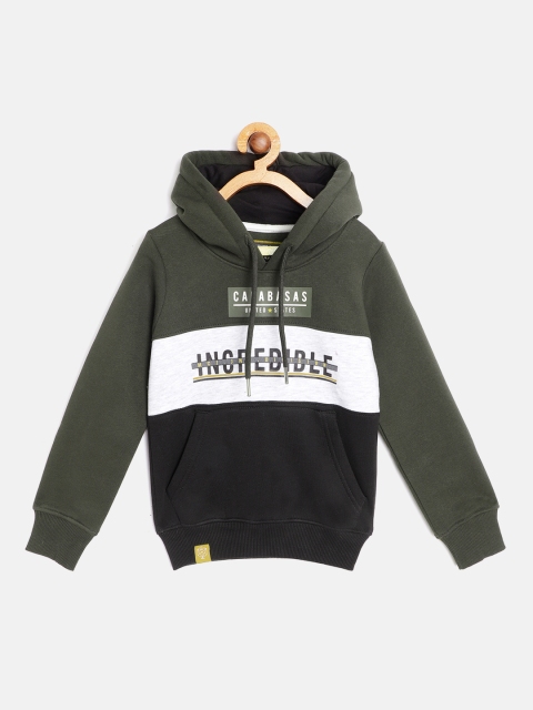

Monte Carlo Boys Olive Green & Black Cotton Printed Hooded Sweatshirt