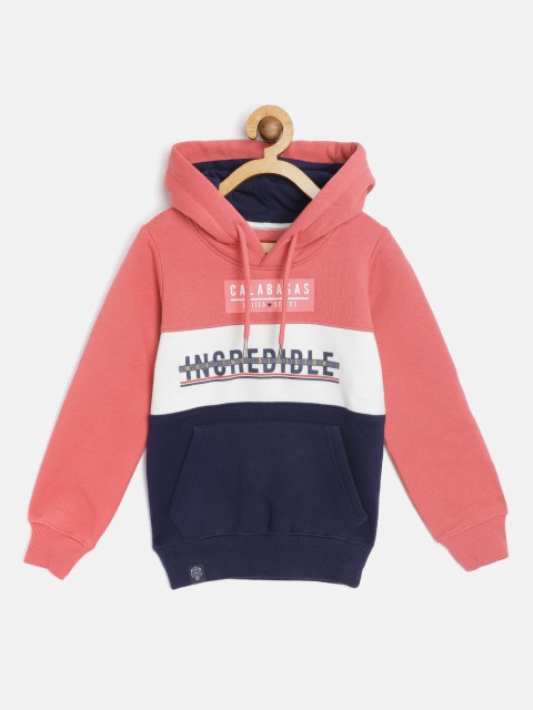 

Monte Carlo Boys Peach-Coloured & Navy Blue Colourblocked Hooded Sweatshirt