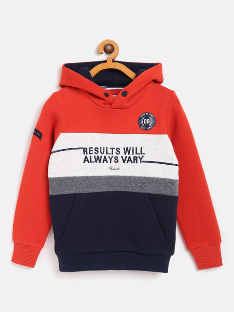

Monte Carlo Boys Rust Orange & Navy Blue Colourblocked Hooded Sweatshirt