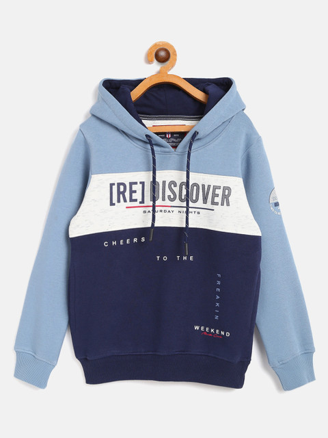 

Monte Carlo Boys Blue & Grey Melange Colourblocked Hooded Sweatshirt with Printed Detail