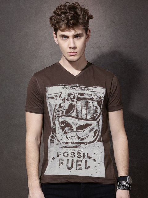 

Roadster Men Coffee Brown Printed V-Neck T-shirt