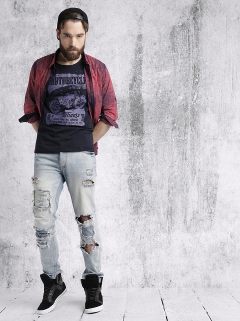 Roadster Men Navy Printed Round Neck T-shirt available at myntra for Rs.199