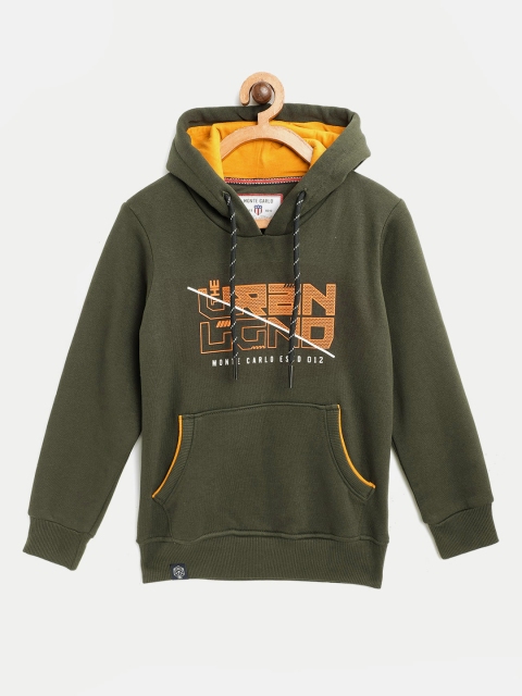 

Monte Carlo Boys Olive Green & Orange Typography Printed Hooded Sweatshirt