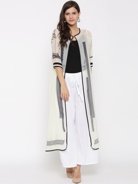 

W Off-White Printed Sheer Longline Ethnic Jacket