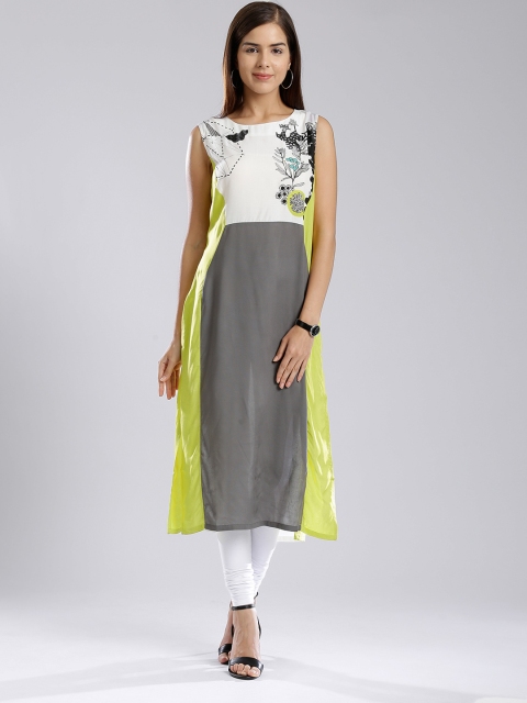 

W Women Grey & Off-White Printed Straight Kurta