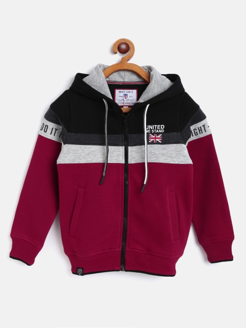 

Monte Carlo Boys Maroon & Navy Blue Colourblocked Hooded Sweatshirt