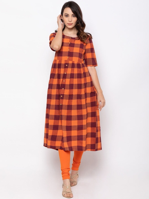 

ZOLA Women Orange & Black Checked Flared Sleeves Kurta