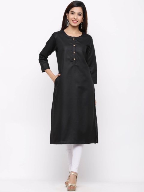 

ZOLA Women Black Straight Solid Pure Cotton Kurta with Pockets