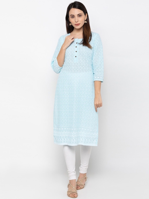 

ZOLA Women Blue & White Floral Embroidered Lucknowi Chikankari Kurta