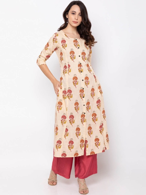 

ZOLA Women Beige and Orange Ethnic Motifs Printed Roll-Up Sleeves A-Line Kurta