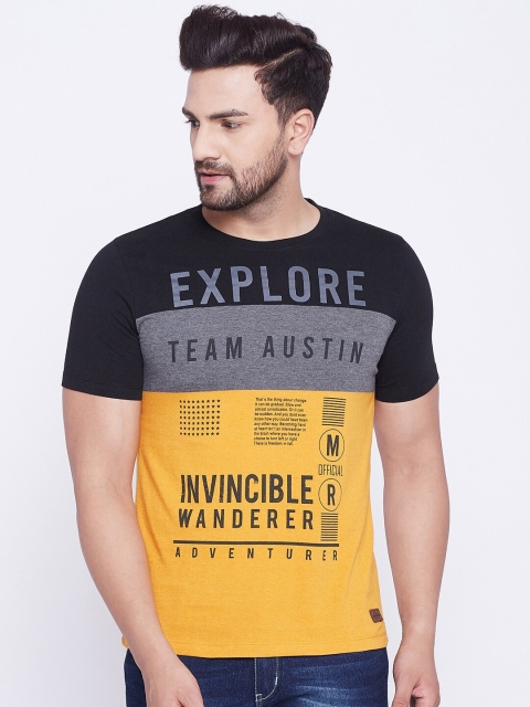

Austin wood Men Yellow and Black Colourblocked Typography Printed T-shirt