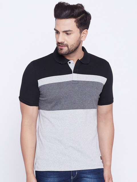 

Austin wood Men Grey & Black Colourblocked Polo Collar T-shirt