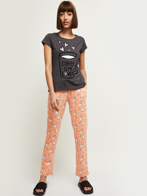 

max Women Grey & Orange Printed Night suit