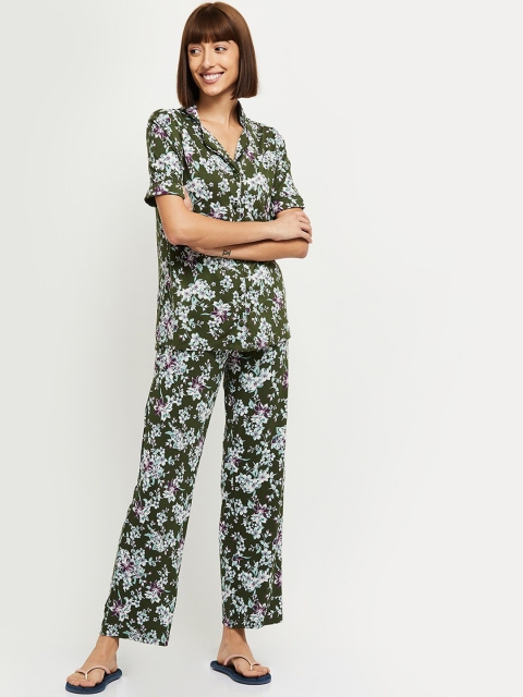 

max Women Olive Green Floral Printed Night suit
