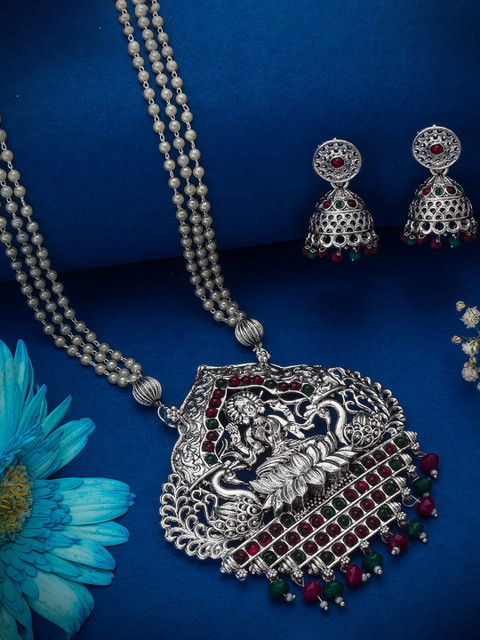 

aadita German Oxidised Silver-Plated Red & Green Beaded & Stone-Studded Tribal Jewellery Set