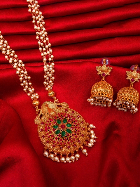 

aadita Gold-Plated White & Red Pearl Beaded & Stone-Studded Temple Jewellery Set