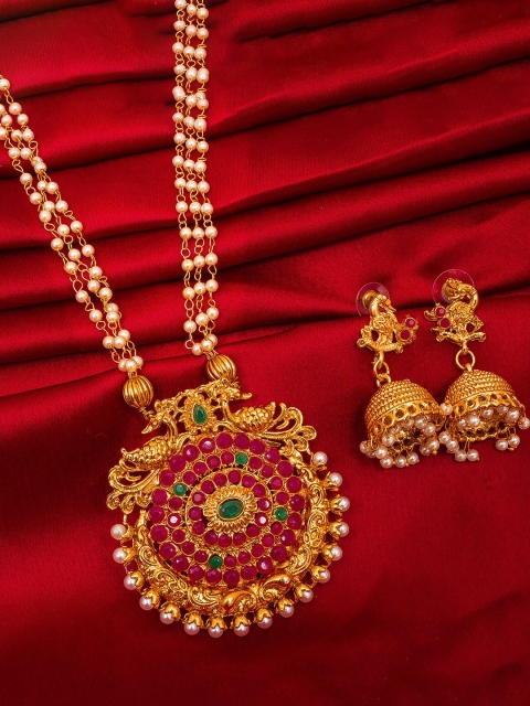 

aadita Gold-Plated White & Red Pearl Beaded & Stone-Studded Temple Jewellery Set