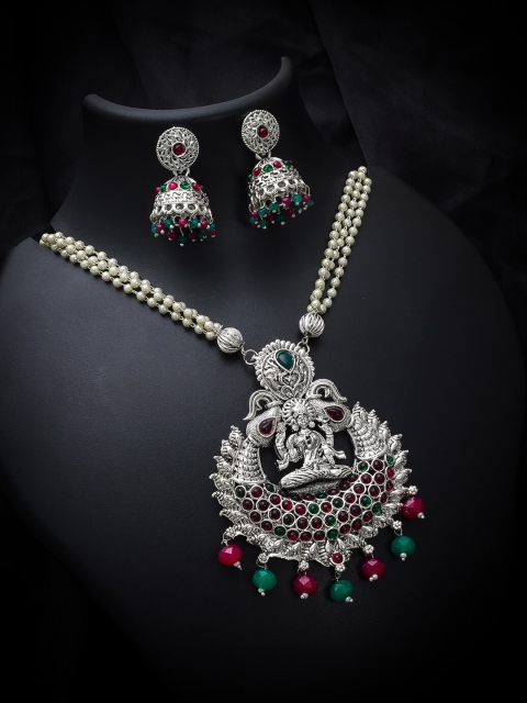 

aadita German Oxidised Silver-Plated Red & Green Beaded & Stone-Studded Tribal Jewellery Set