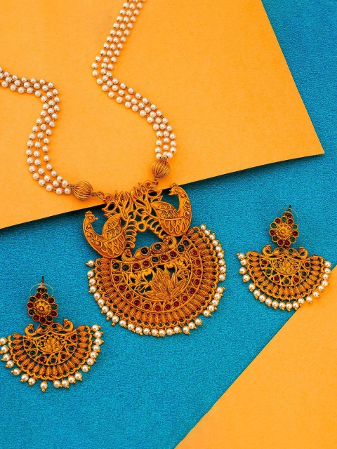 

aadita Gold-Plated Pink & Green Stone-Studded & Beaded Royal Temple Jewellery Set