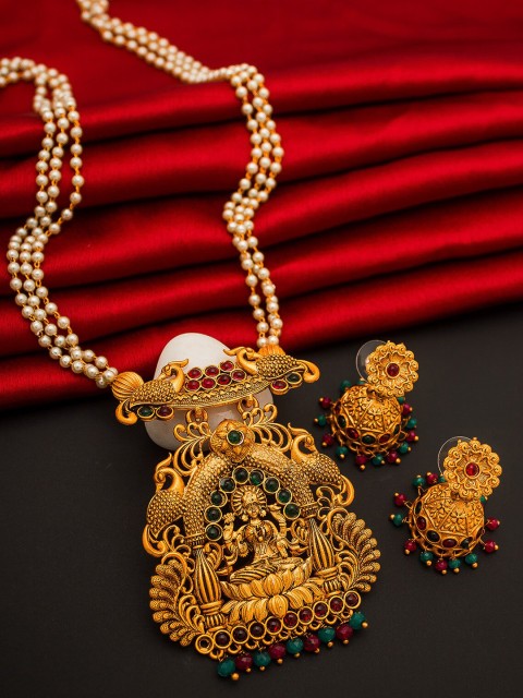 

aadita Gold-Plated Red & Green Stone-Studded & Beaded Royal Temple Jewellery Set