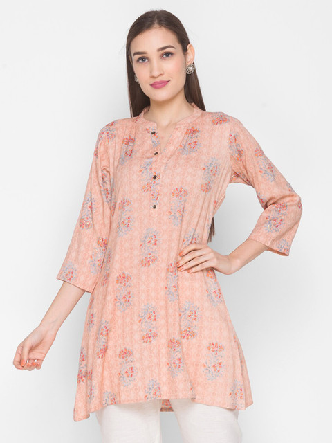 

TANKHI Peach-Coloured & Orange Floral Printed V-Neck Kurti