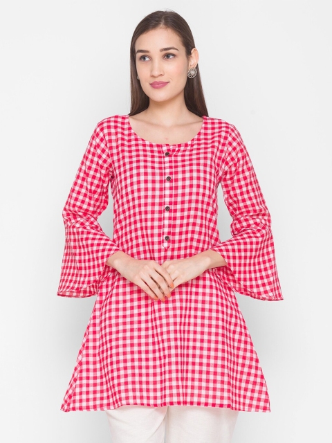 

TANKHI Red & White Checked Flared Sleeves Pure Cotton Kurti