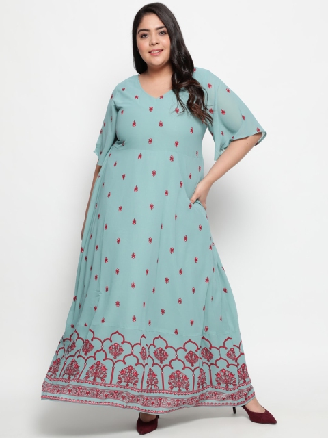 

Amydus Women Green & Red Ethnic Motifs Printed Smocked Georgette Maxi Dress