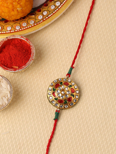 

Tistabene Gold-Toned & Red Stoned Studded Floral Enamelled Rakhi