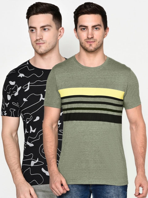 

ELEGANCE Men Olive Green and Black Pack of 2 Striped and Abstract Printed T-shirts