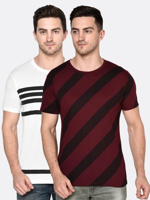 

ELEGANCE Men Maroon and White Pack of 2 Striped T-shirts